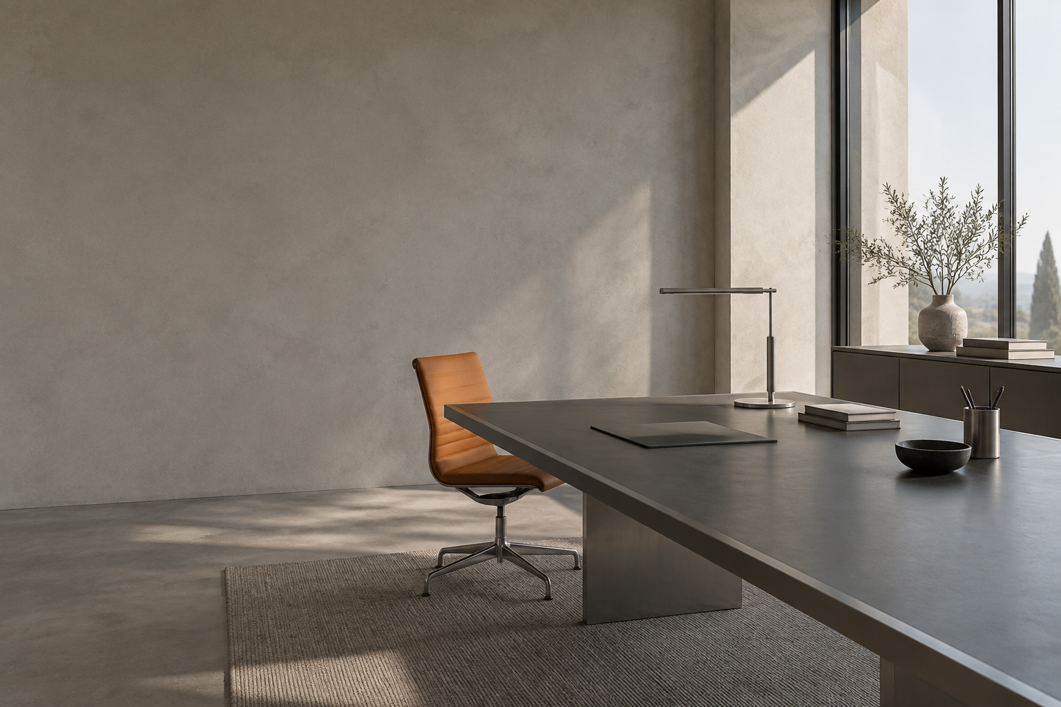 Reduzierter Arbeitsraum mit graphitfarbener Tischfläche, Aluminiumstuhl und präzisem Tageslicht.